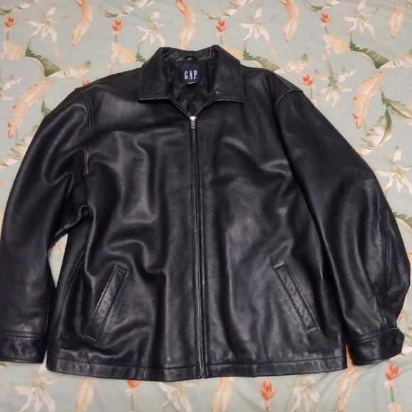 GAP Heavy Leather Jacket Mens XXL Black Zip Quilted Lining Bomber Biker Jacket - Picture 11 of 12